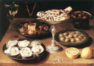 Osias Beert, Still Life with Oysters and Pastries Fine Art Reproduction Oil Painting