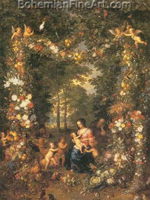Jan Brueghel the Elder, Holy Family in a Flower and Fruit Wreath Fine Art Reproduction Oil Painting