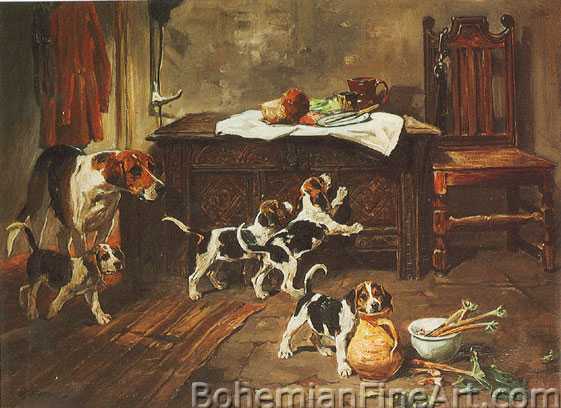 A Hound and Puppies in an Interior