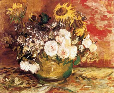 Vincent Van Gogh, Bowl of Sunflowers+ Roses and Other Flowers Fine Art Reproduction Oil Painting