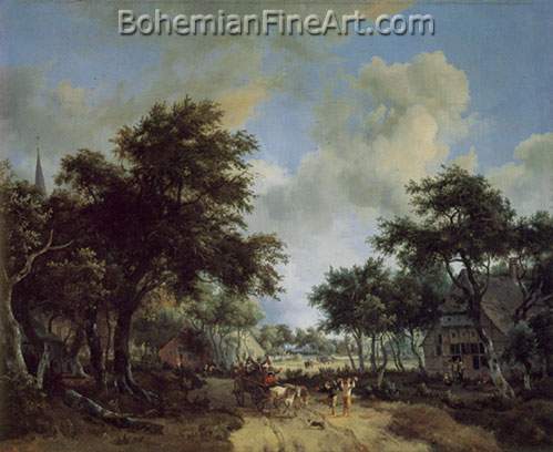 Meindert Hobbema, Cottages in a Woodland Clearing with Merrymakers Fine Art Reproduction Oil Painting