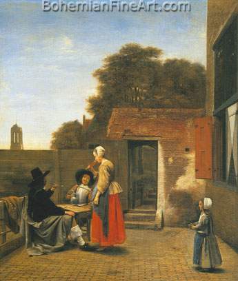 Pieter De Hooch, Two Soldiers and a Woman Drinking in a Courtyard Fine Art Reproduction Oil Painting