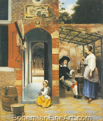 Pieter De Hooch, Figures Drinking in a Courtyard Fine Art Reproduction Oil Painting