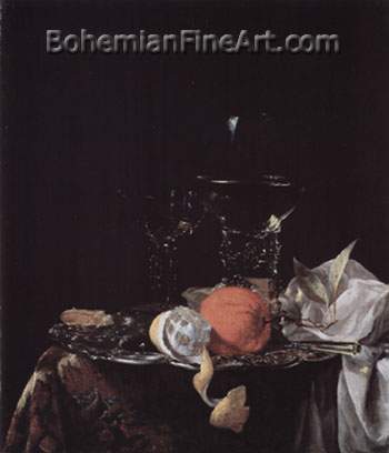 Willem Kalf, Still Life with a Roemer+ Wine Glass+ Orange Fine Art Reproduction Oil Painting
