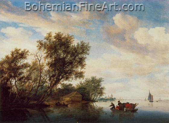 Salomon Van Ruysdael, A River Landscape with Peasants and Cattle Fine Art Reproduction Oil Painting