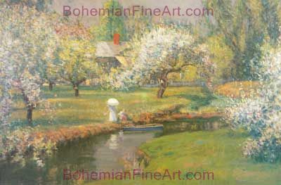 Theodore Wendel, Lady with a Parasol by a Stream Fine Art Reproduction Oil Painting