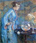 Robert Reid, Girl in Blue Kimono Fine Art Reproduction Oil Painting