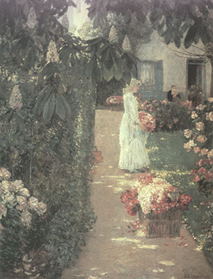 Childe Hassam, Gathering Flowers in a French Garden Fine Art Reproduction Oil Painting