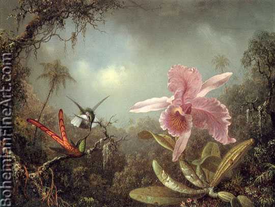 Martin Johnson Heade, Orchid with Two Hummingbirds Fine Art Reproduction Oil Painting