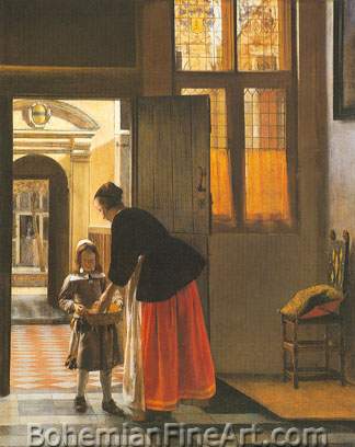 Pieter De Hooch, A Boy Handing a Woman a Basket in a Doorway Fine Art Reproduction Oil Painting