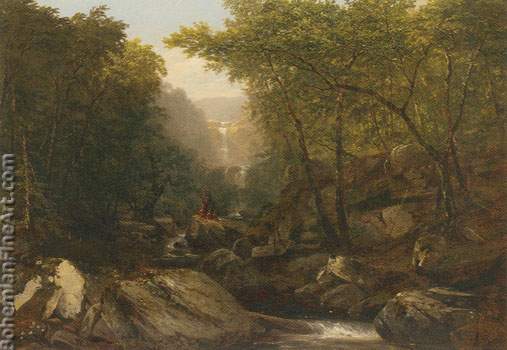 John Frederic Kensett, Waterfall in the Woods with Indians Fine Art Reproduction Oil Painting