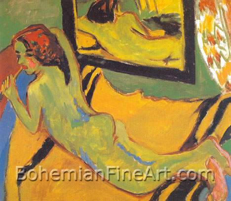 Ernst Ludwig Kirchner, Reclining Nude with a Mirror Fine Art Reproduction Oil Painting