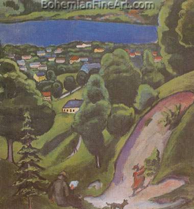 August Macke, Tegernsee Landscape with Man Reading and Dog Fine Art Reproduction Oil Painting