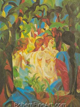 August Macke, Girls Bathing with Town in Background Fine Art Reproduction Oil Painting