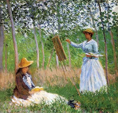 Claude Monet, Suzanne Reading and Blanche Painting by the Marsh Fine Art Reproduction Oil Painting