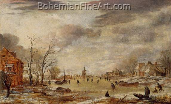 Aert Van Der Neer, Winter Landscape with Skaters Fine Art Reproduction Oil Painting