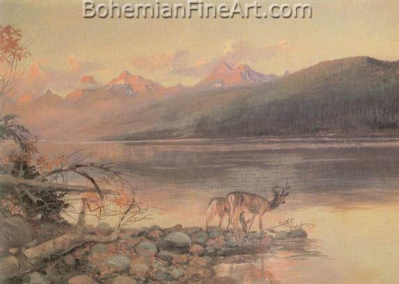 Charles M. Russell, Deer at Lake McDonald Fine Art Reproduction Oil Painting