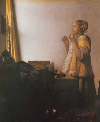 Johannes Vermeer, Woman with a Pearl Necklace Fine Art Reproduction Oil Painting