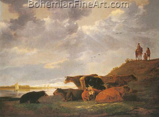 Aelbert Cuyp, River Landscape with Cows Fine Art Reproduction Oil Painting