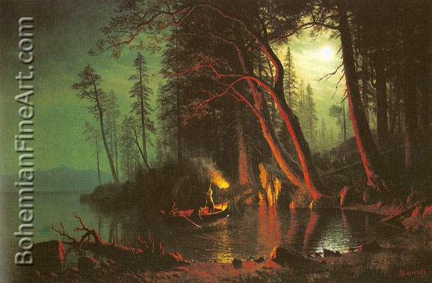 Albert Bierstadt, Lake Tahoe+ Spearing Fish by Torchlight Fine Art Reproduction Oil Painting