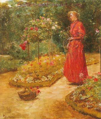 Childe Hassam, Woman Cutting Roses in a Garden Fine Art Reproduction Oil Painting