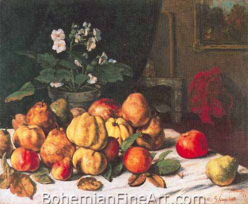 Gustave Courbet, Still Life: Apples+ Pears and Primroses Fine Art Reproduction Oil Painting