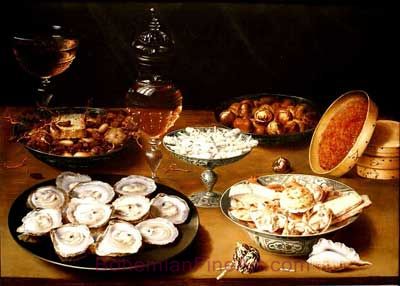 Osias Beert the elder, Dishes with Oysters+ Fruit and Wine Fine Art Reproduction Oil Painting