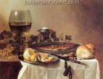 Pieter Claesz, Still Life with Herring+ Wine and Bread Fine Art Reproduction Oil Painting